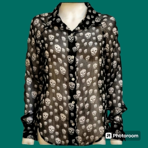 COOLWEAR Goth Skelton Gasparilla Sheer Button Down Hi-Low Cover-up Shirt - Picture 1 of 7
